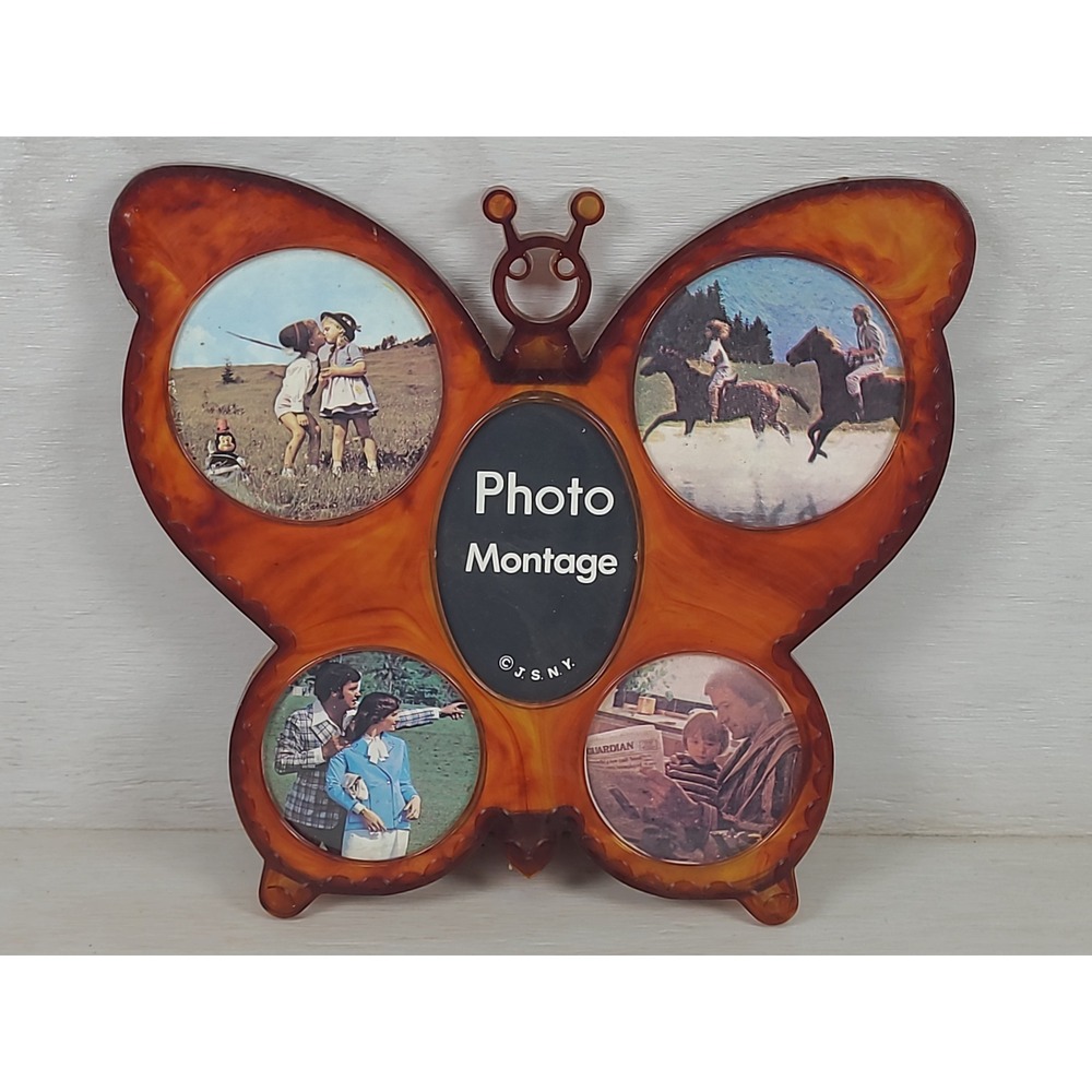 Butterfly Photo Frame Collage Plastic Tabletop Vintage JSNY Hong Kong Boho Brown